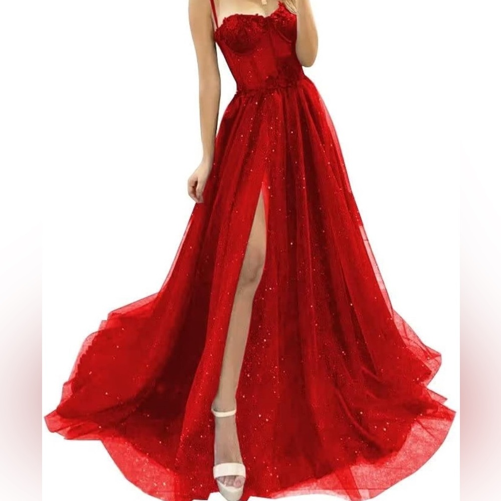 Sparkly Red Tulle Dress Spaghetti Straps Lace with Slit